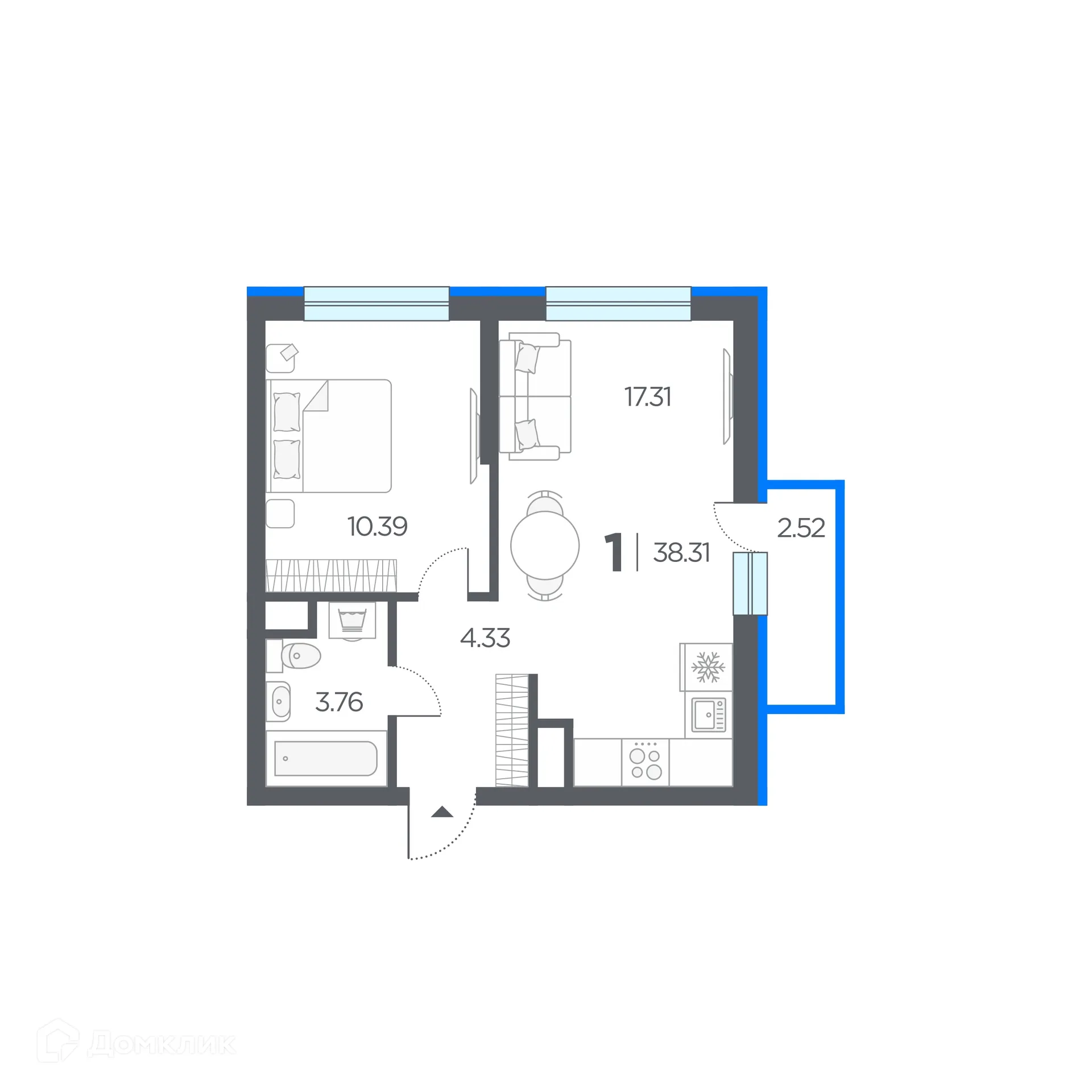 Планировка 1-комнатной квартиры 38.31 м² в ЖК Шереметьевский квартал, г. Дядьково — фото 3