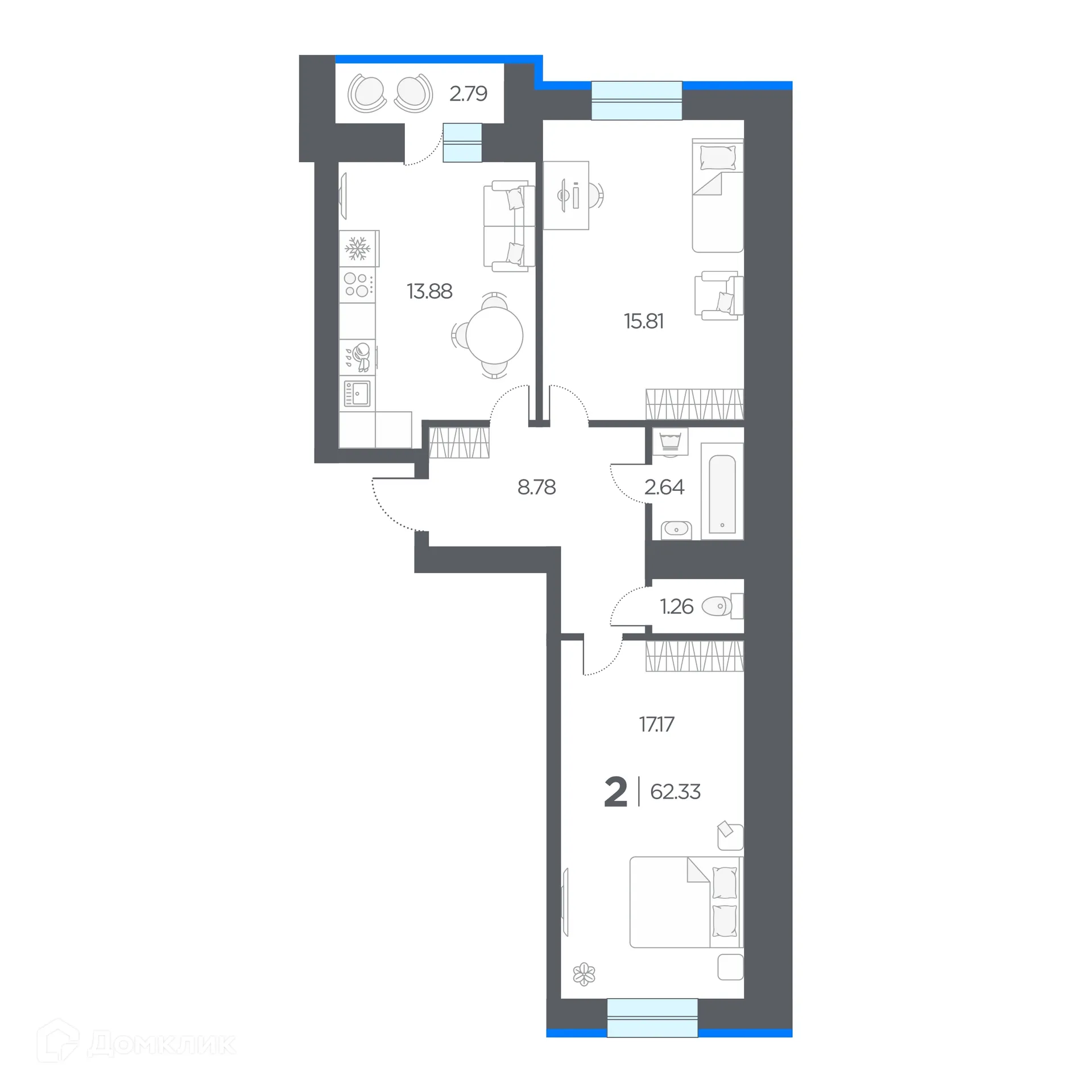 Планировка 2-комнатной квартиры 62.33 м² в ЖК ОГНИ, г. Дядьково — фото 1