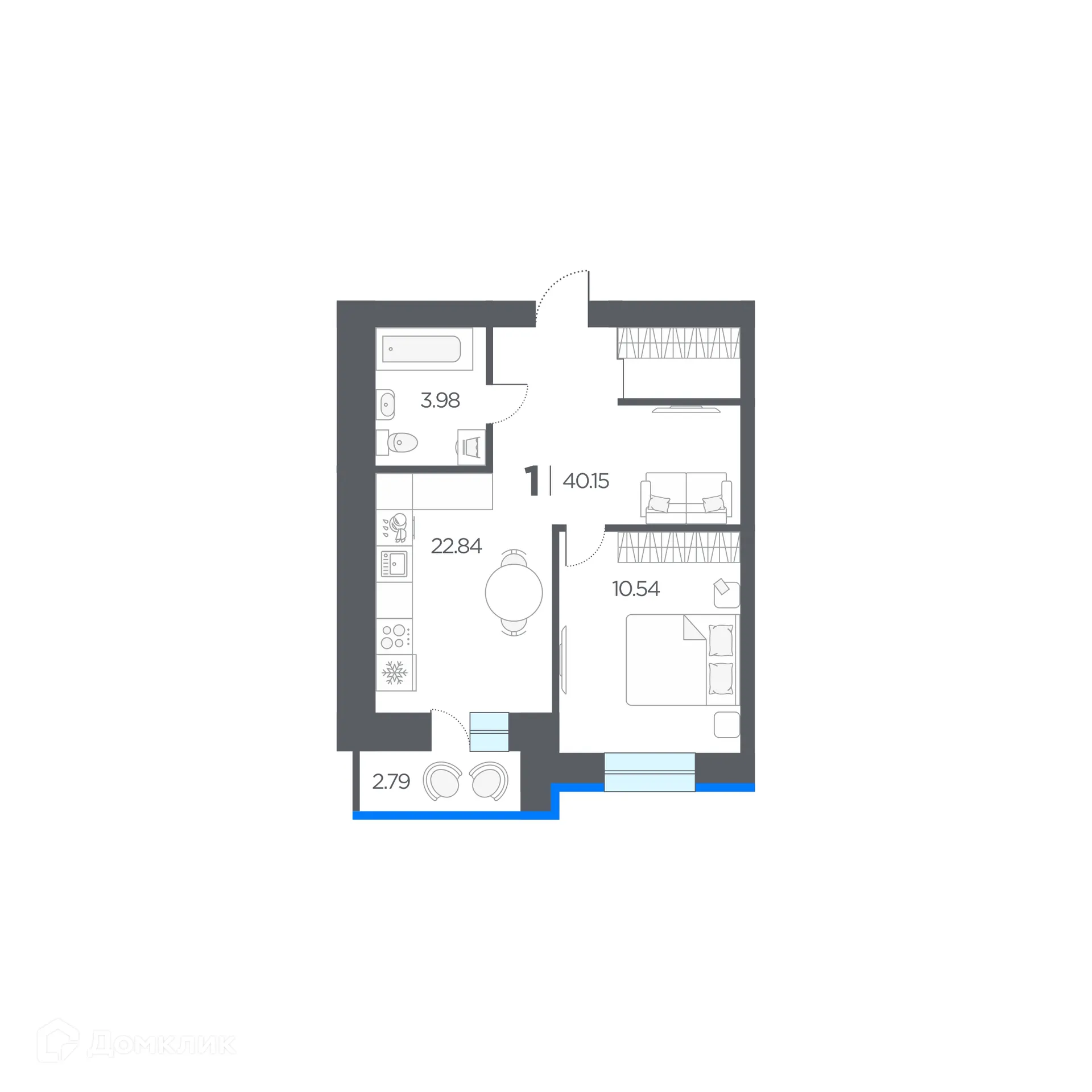 Планировка 1-комнатной квартиры 40.15 м² в ЖК ОГНИ, г. Дядьково — фото 1