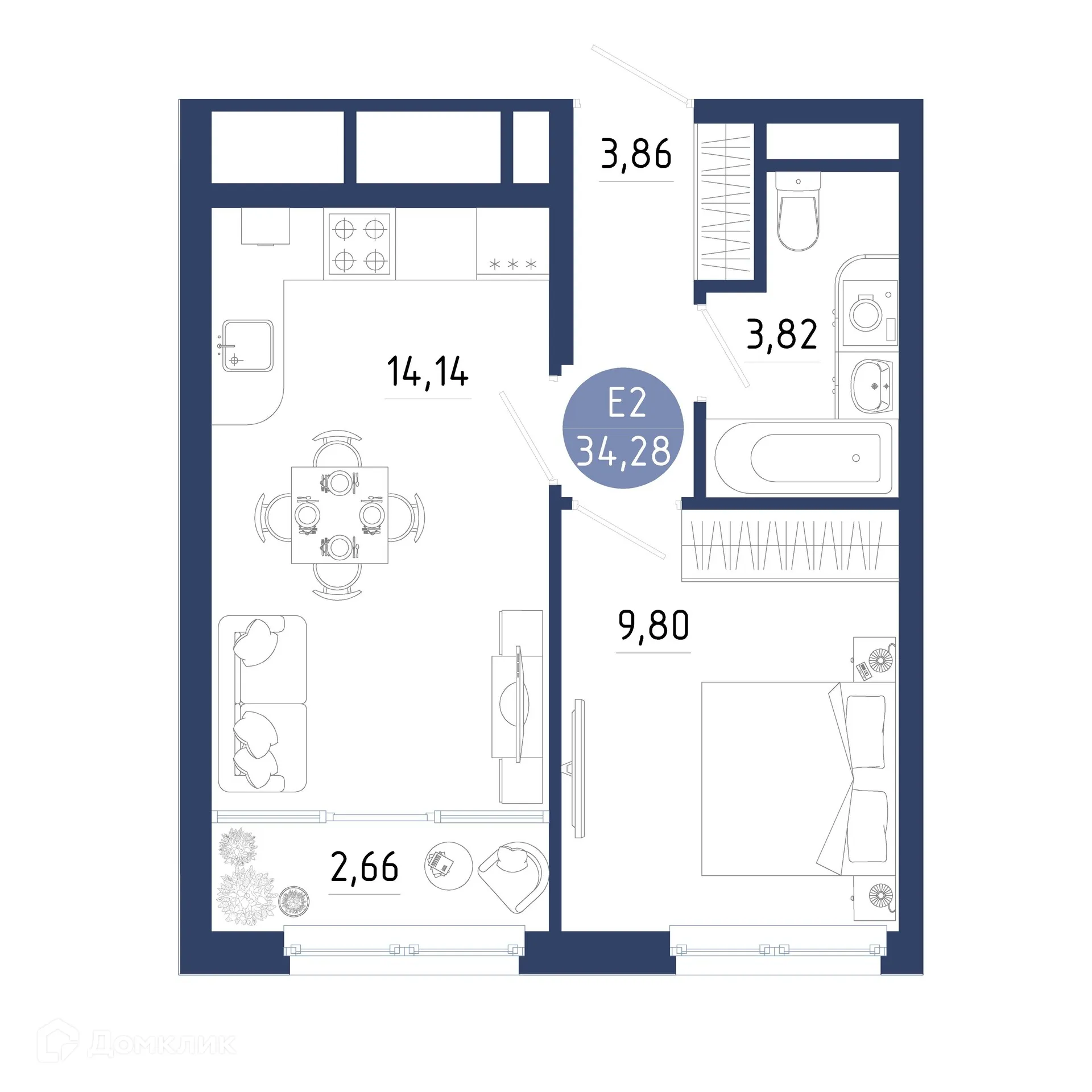 Планировка 1-комнатной квартиры 34.28 м² в ЖК Бульвар оптимистов, г. Дядьково — фото 1