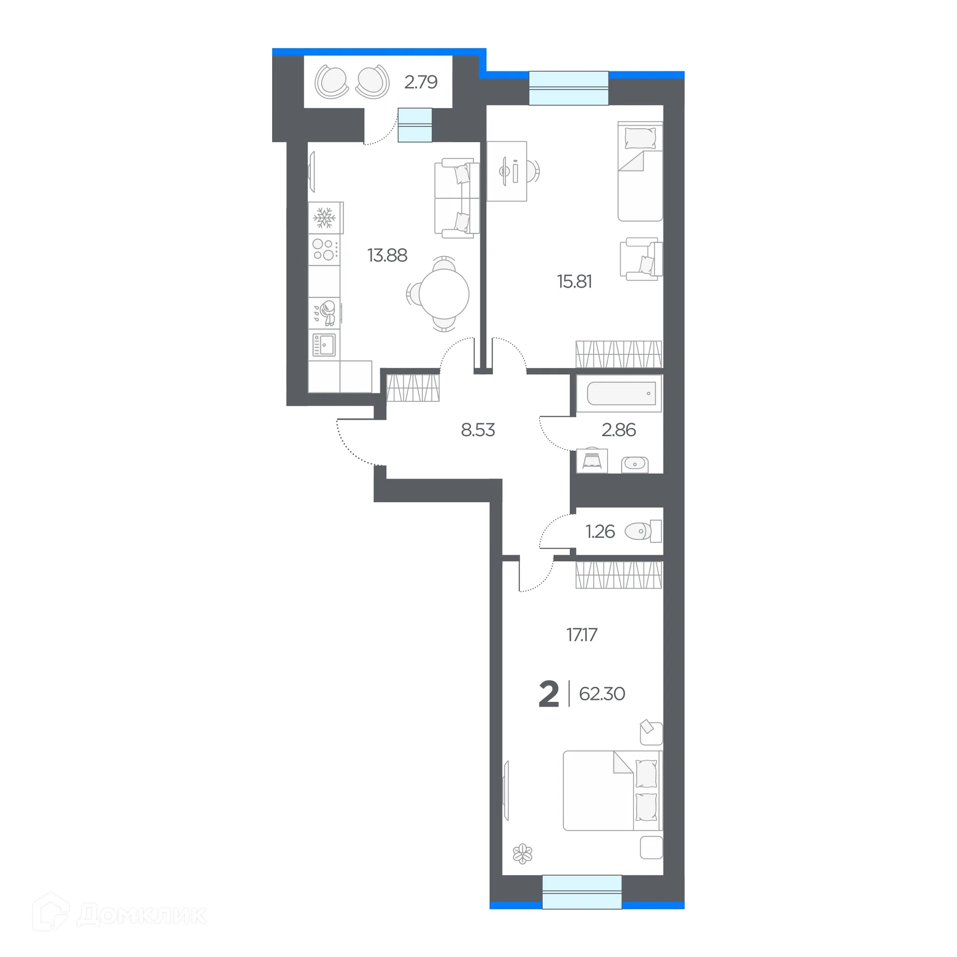 Планировка 2-комнатной квартиры 62.3 м² в ЖК ОГНИ, г. Дядьково — фото 3