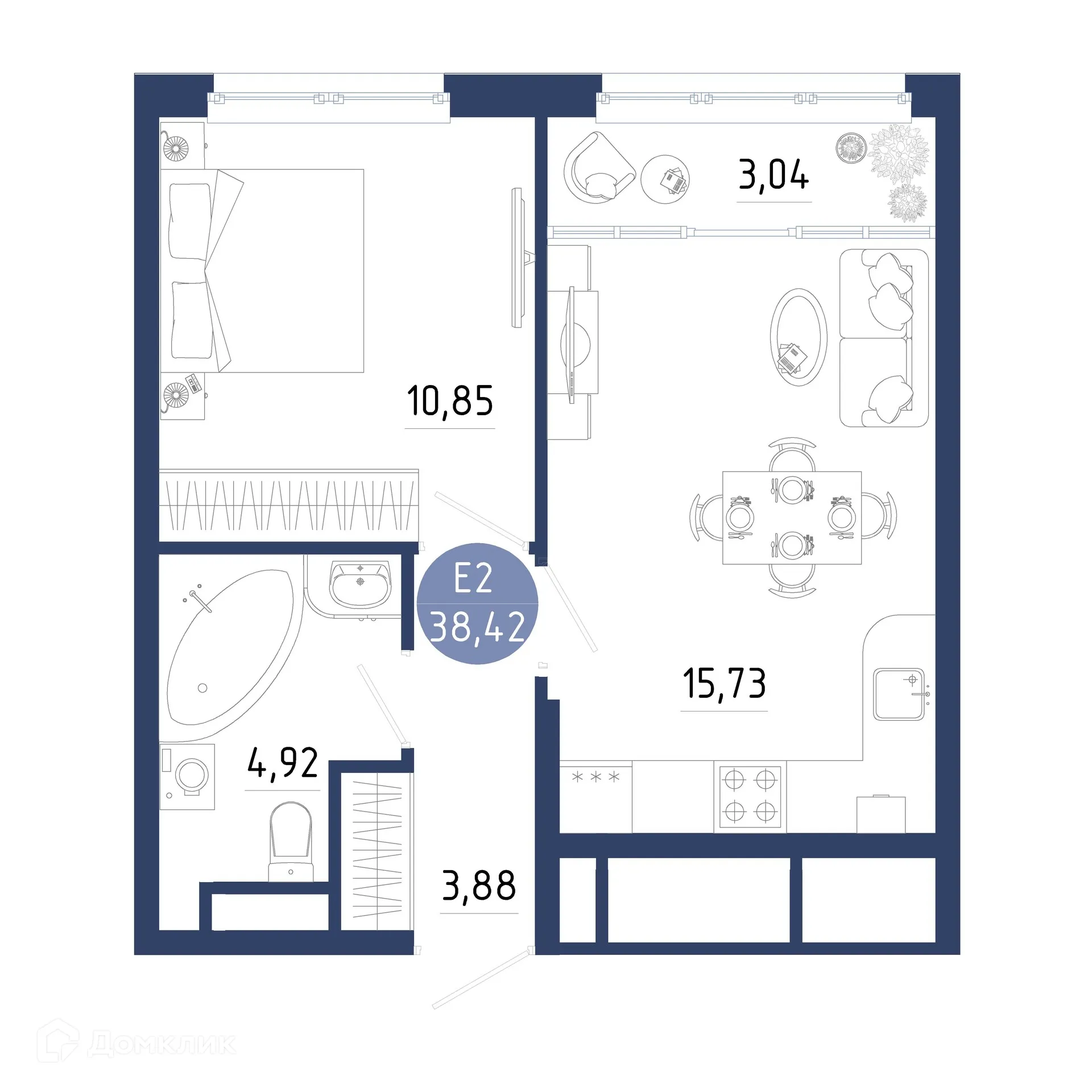 Планировка 1-комнатной квартиры 38.42 м² в ЖК Бульвар оптимистов, г. Дядьково — фото 4