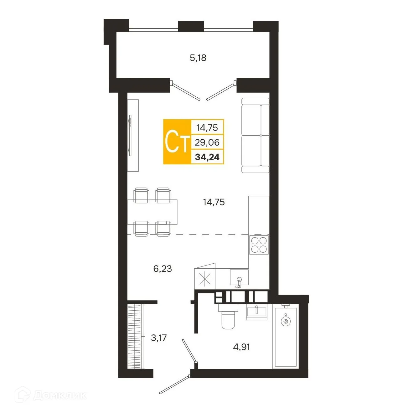 Планировка студии квартиры 34.24 м² в ЖК Ривер Парк, г. Рязань — фото 4