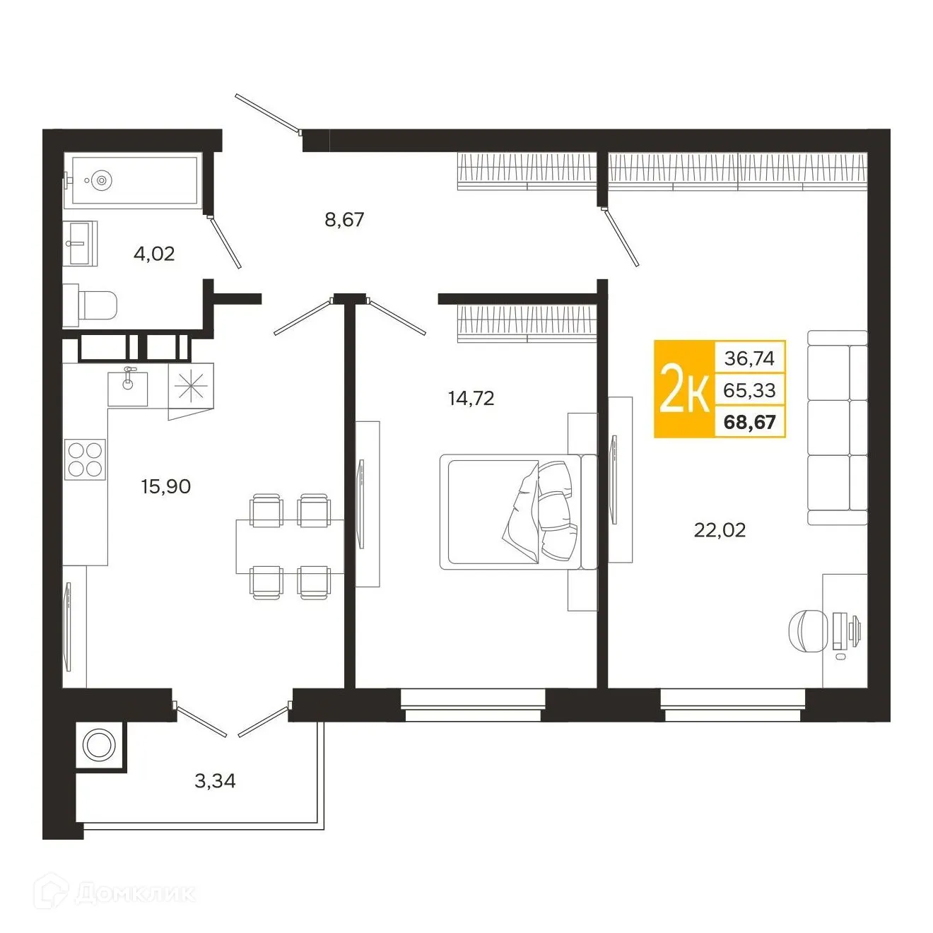 Планировка 2-комнатной квартиры 68.67 м² в ЖК Ривер Парк, г. Рязань — фото 2