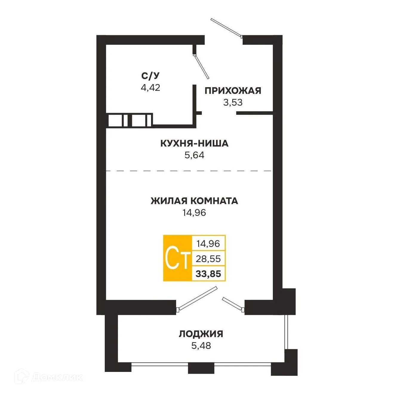 Планировка студии квартиры 33.85 м² в ЖК Ривер Парк, г. Рязань — фото 3