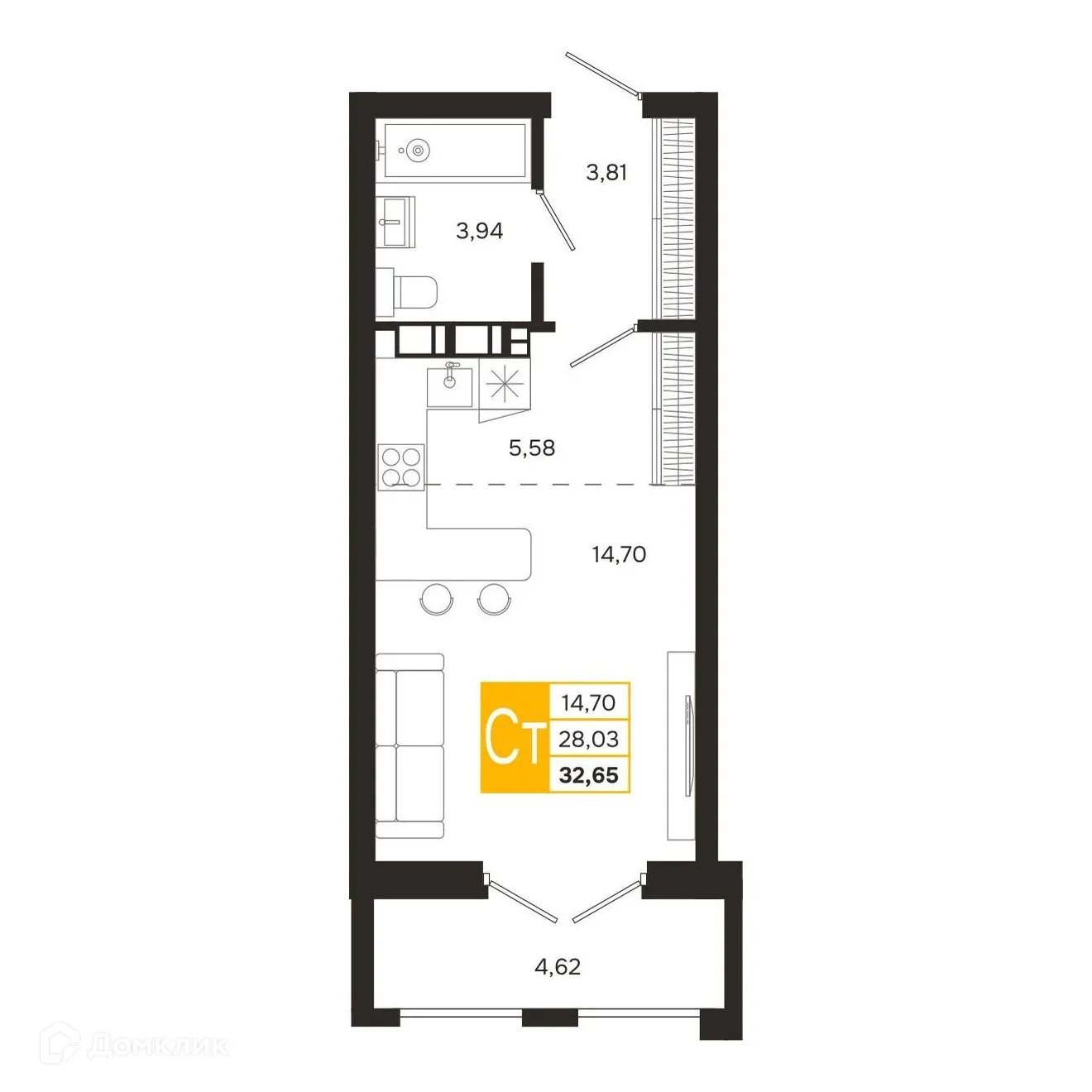 Планировка студии квартиры 32.65 м² в ЖК Ривер Парк, г. Рязань — фото 4