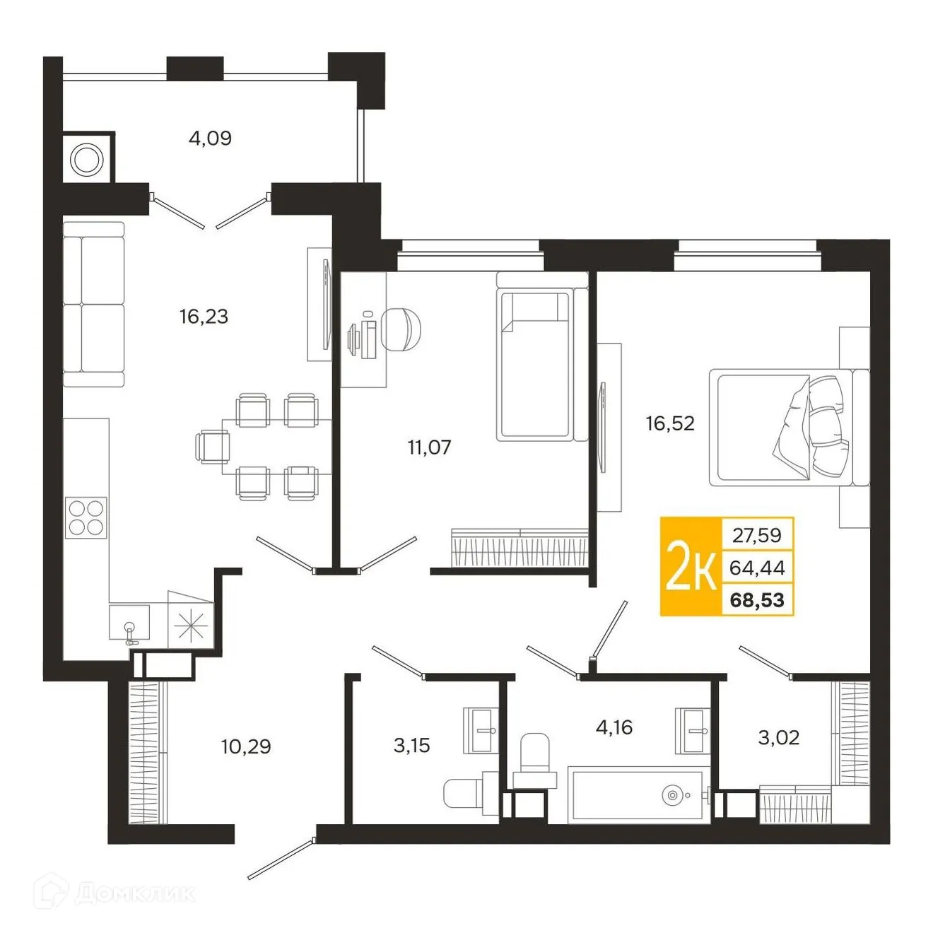 Планировка 2-комнатной квартиры 68.53 м² в ЖК Ривер Парк, г. Рязань — фото 4