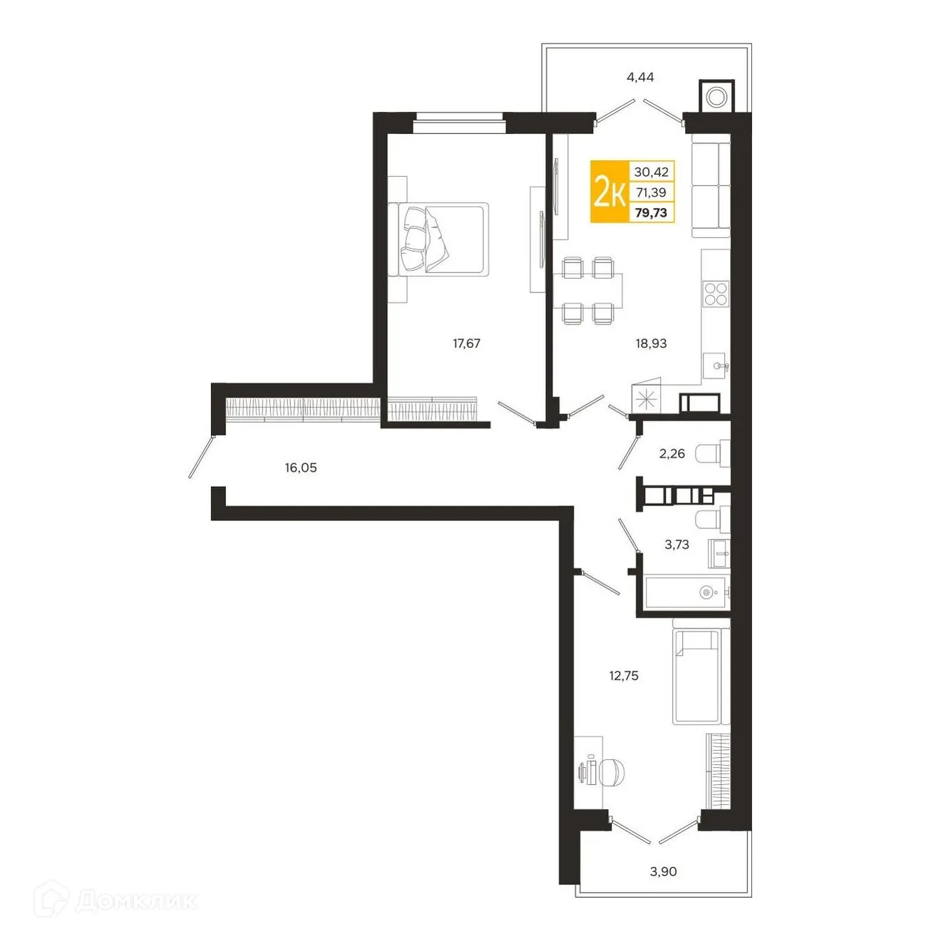 Планировка 2-комнатной квартиры 79.73 м² в ЖК Ривер Парк, г. Рязань — фото 4