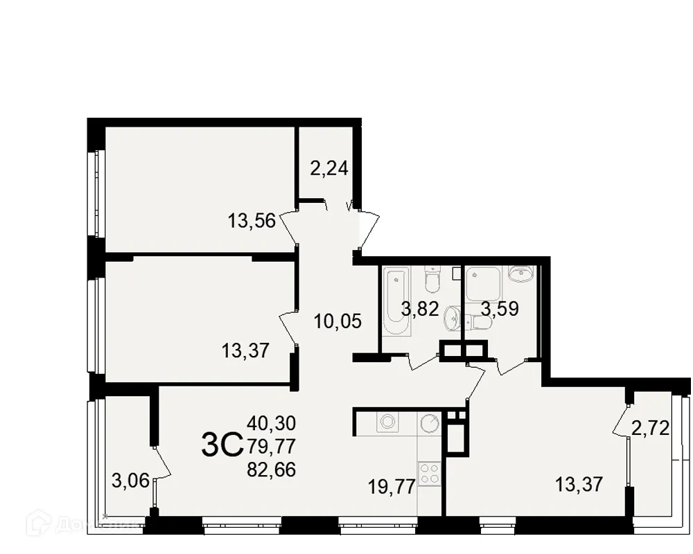 Планировка 3-комнатной квартиры 82.66 м² в ЖК Аура, г. Рязань — фото 1