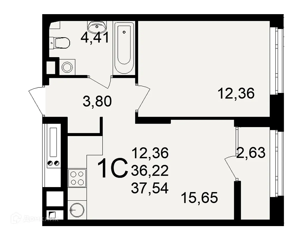 Планировка 1-комнатной квартиры 37.54 м² в ЖК Аура, г. Рязань — фото 1