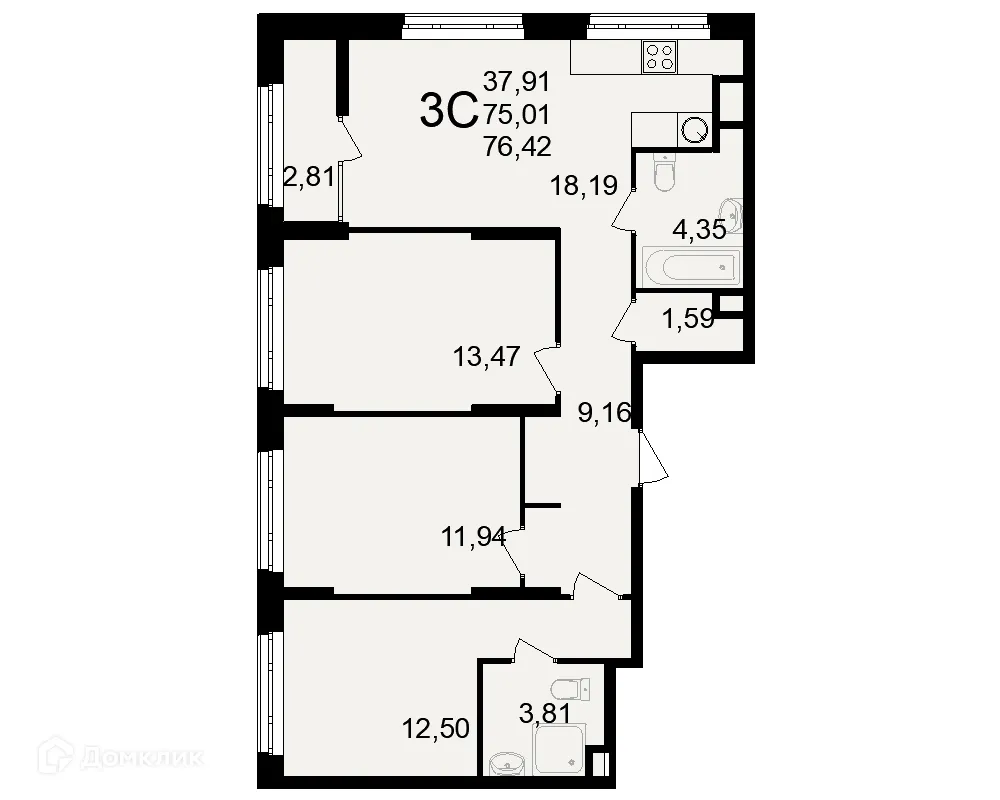 Планировка 3-комнатной квартиры 76.42 м² в ЖК Аура, г. Рязань — фото 2