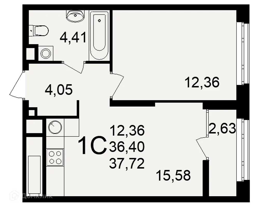 Планировка 1-комнатной квартиры 37.72 м² в ЖК Аура, г. Рязань — фото 2