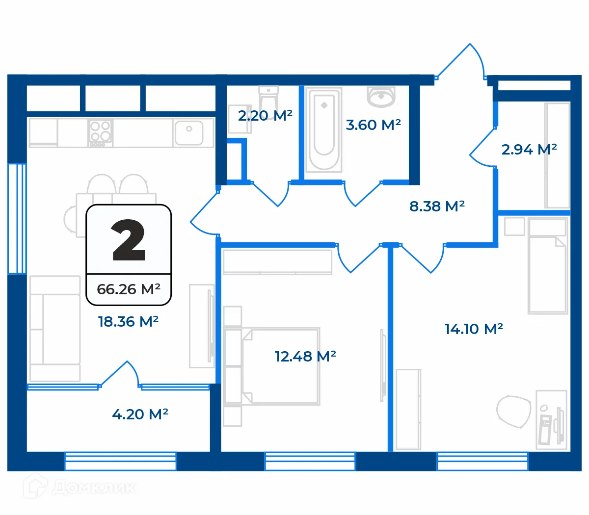Планировка 2-комнатной квартиры 64.16 м² в ЖК Дом на Разина, г. Рязань — фото 2