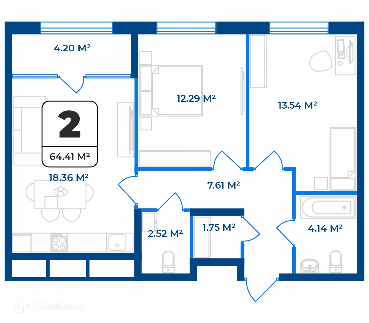 Планировка 2-комнатной квартиры 62.31 м² в ЖК Дом на Разина, г. Рязань — фото 1