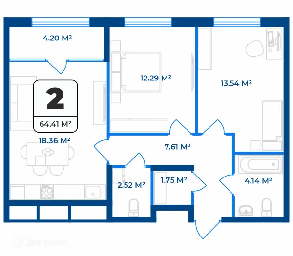 Планировка 2 комн. в ЖК Дом на Разина