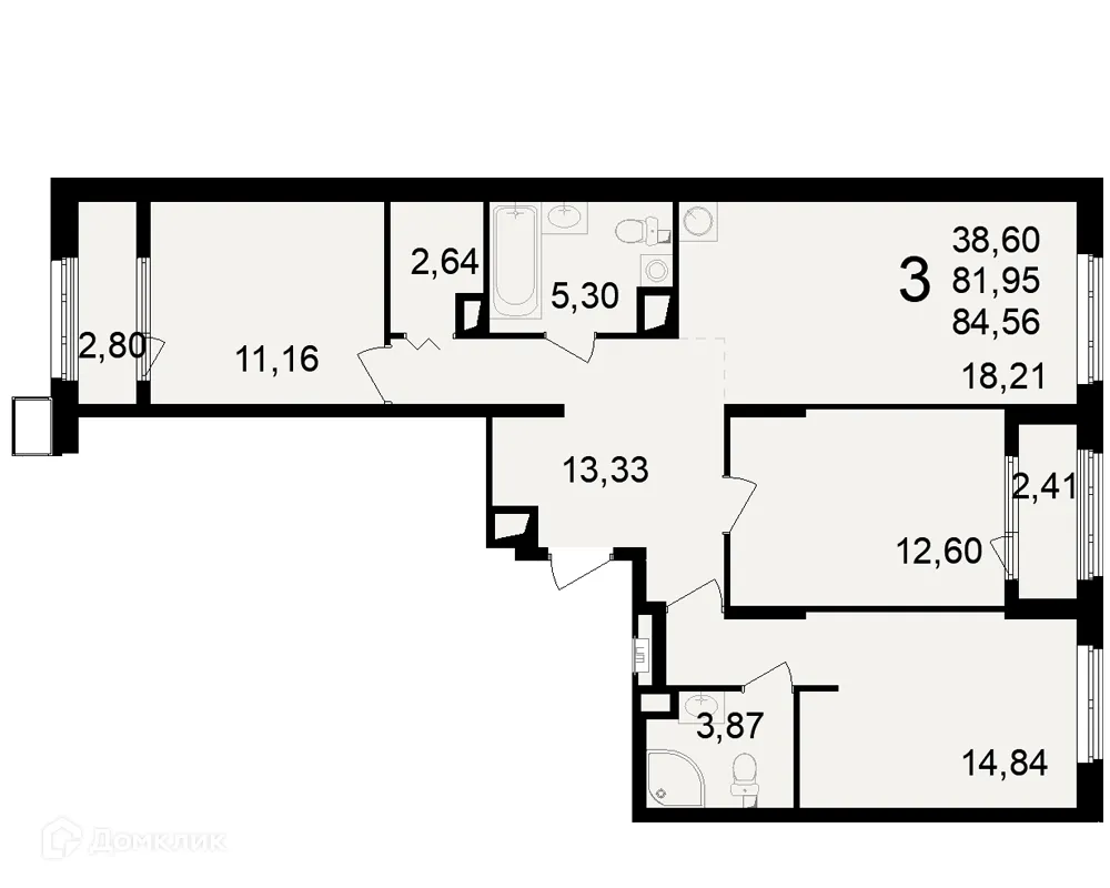 Планировка 3-комнатной квартиры 84.56 м² в ЖК Макроквартал "Свобода", г. Рязань — фото 1