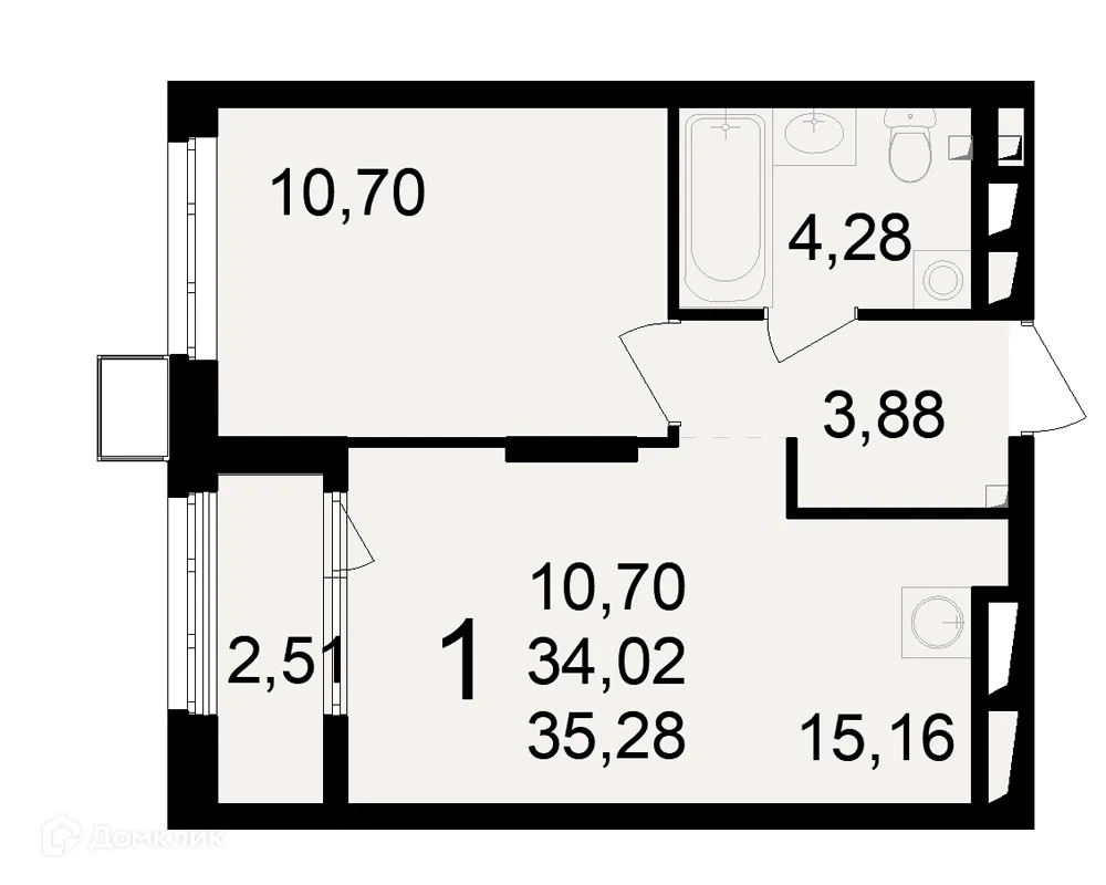 Планировка 1-комнатной квартиры 35.28 м² в ЖК Макроквартал "Свобода", г. Рязань — фото 2