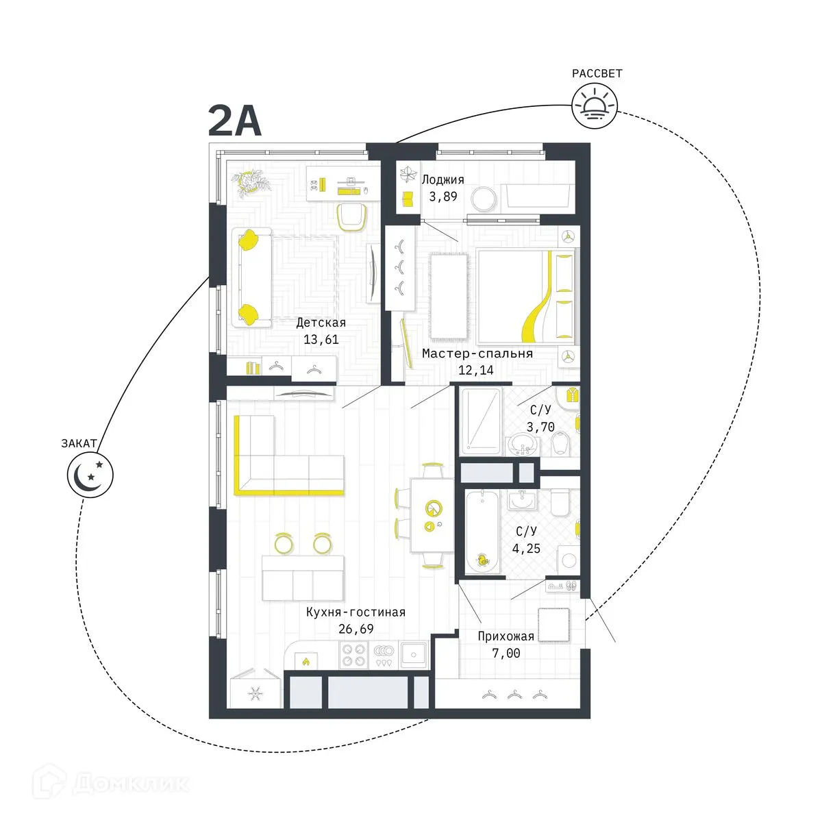Планировка 2-комнатной квартиры 69.34 м² в ЖК Космос, г. Рязань — фото 3