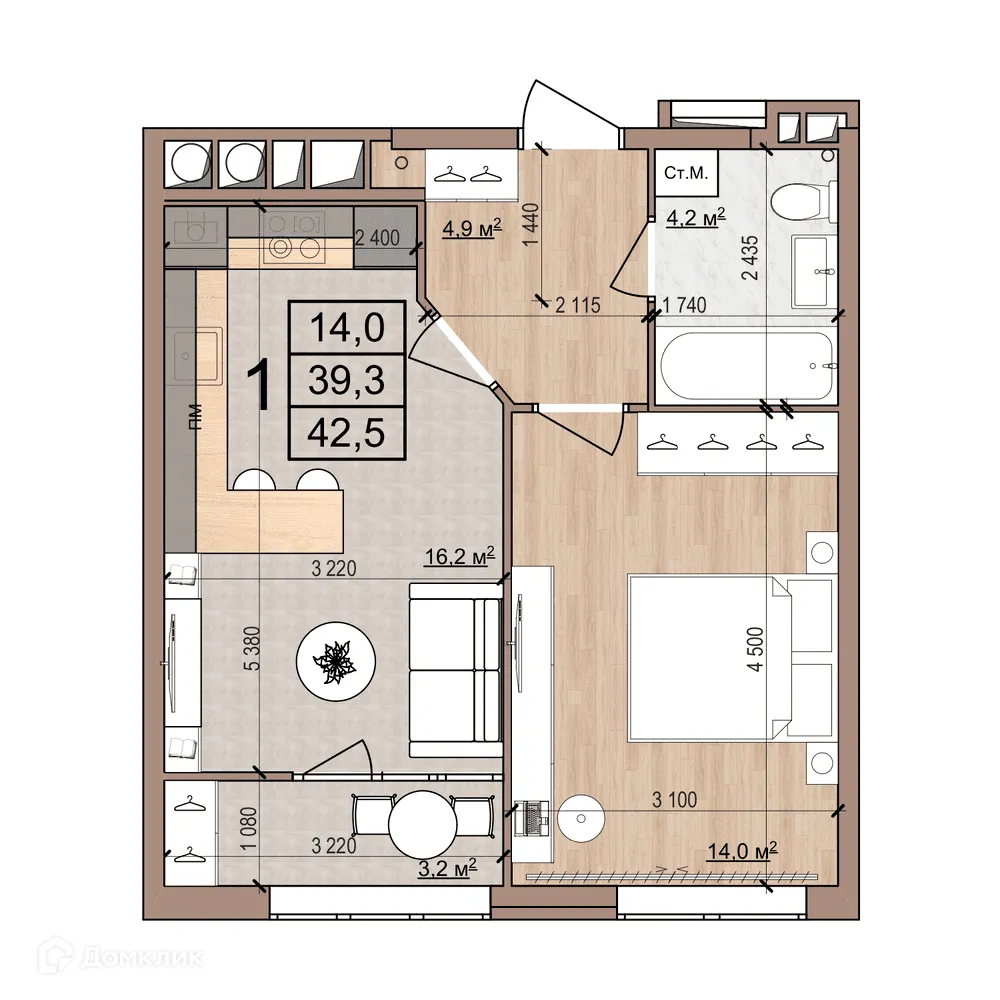 Планировка 1-комнатной квартиры 42.5 м² в ЖК Skyline (Скайлайн), г. Рязань — фото 1