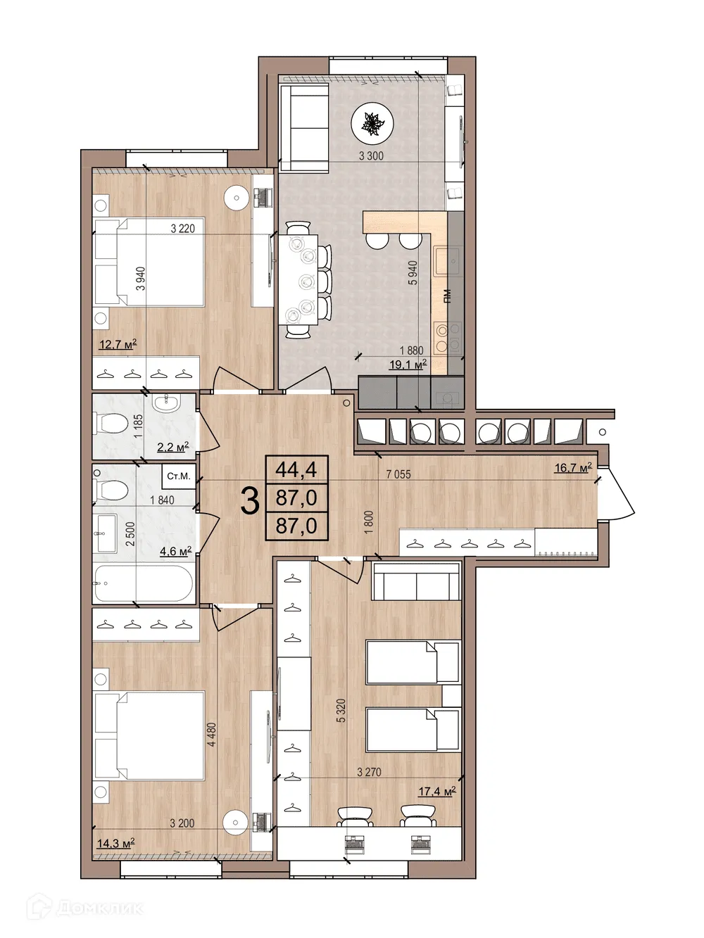 Планировка 3-комнатной квартиры 87 м² в ЖК Skyline (Скайлайн), г. Рязань — фото 3