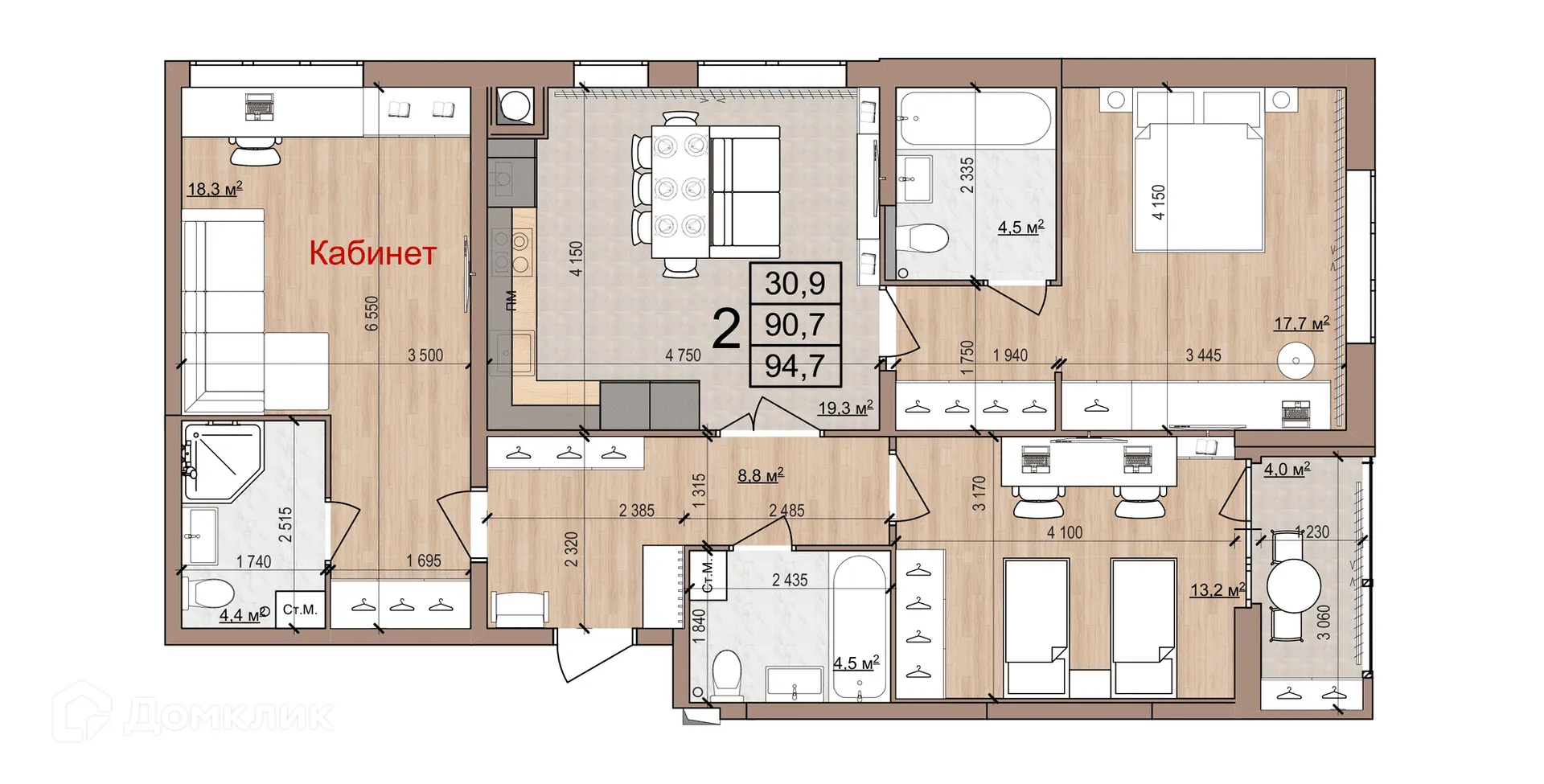 Планировка 2-комнатной квартиры 94.7 м² в ЖК Skyline (Скайлайн), г. Рязань — фото 3