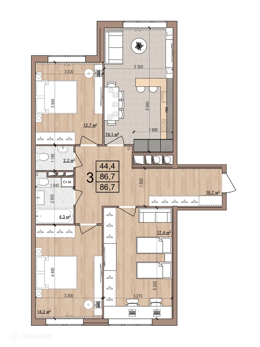 Планировка 3-комнатной квартиры 86.7 м² в ЖК Skyline (Скайлайн), г. Рязань — фото 3