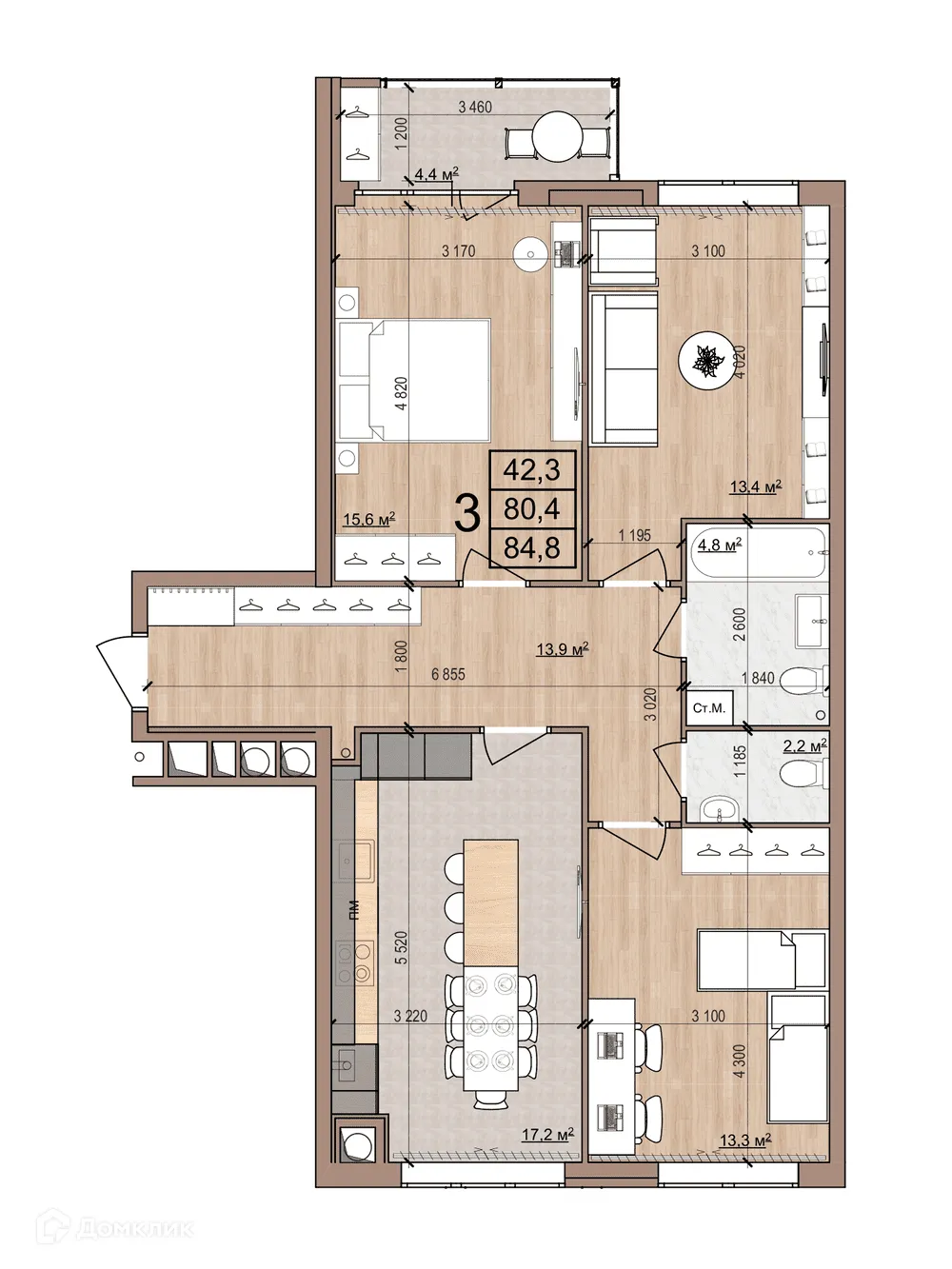 Планировка 3-комнатной квартиры 84.8 м² в ЖК Skyline (Скайлайн), г. Рязань — фото 1