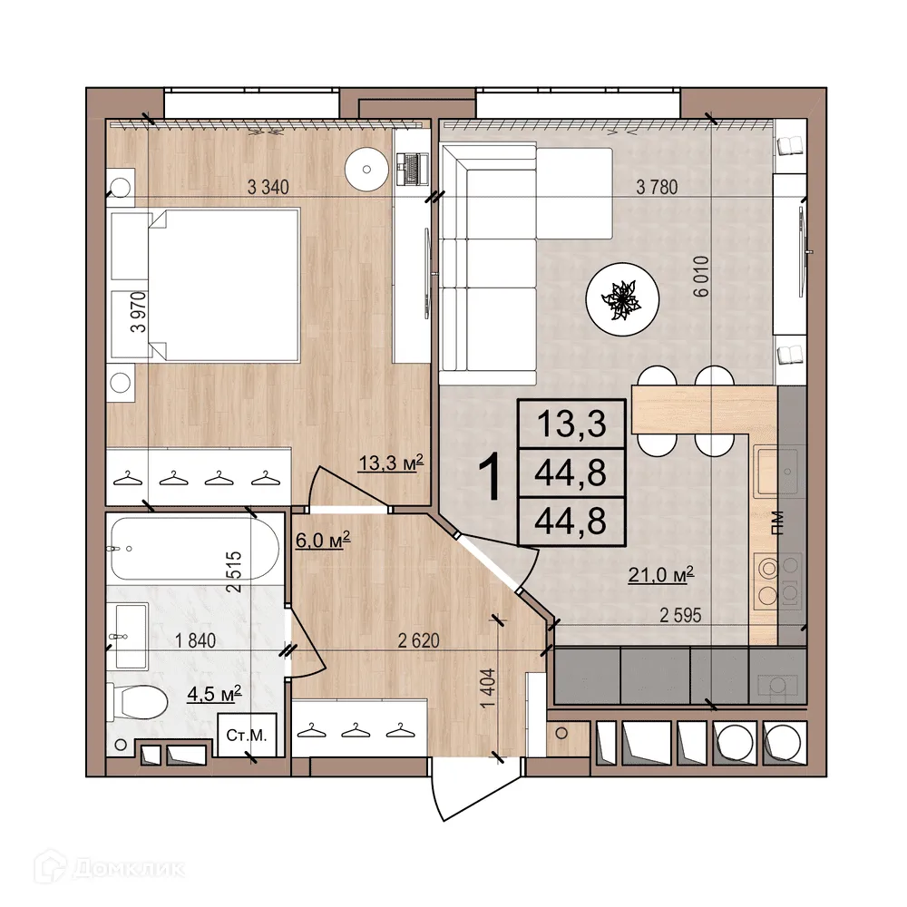 Планировка 1-комнатной квартиры 44.8 м² в ЖК Skyline (Скайлайн), г. Рязань — фото 1