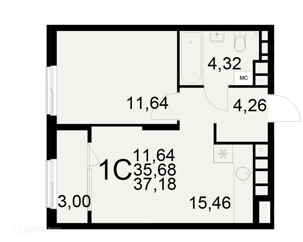 Планировка 1-комнатной квартиры 37.18 м² в ЖК Радости жизни, г. Рязань — фото 1