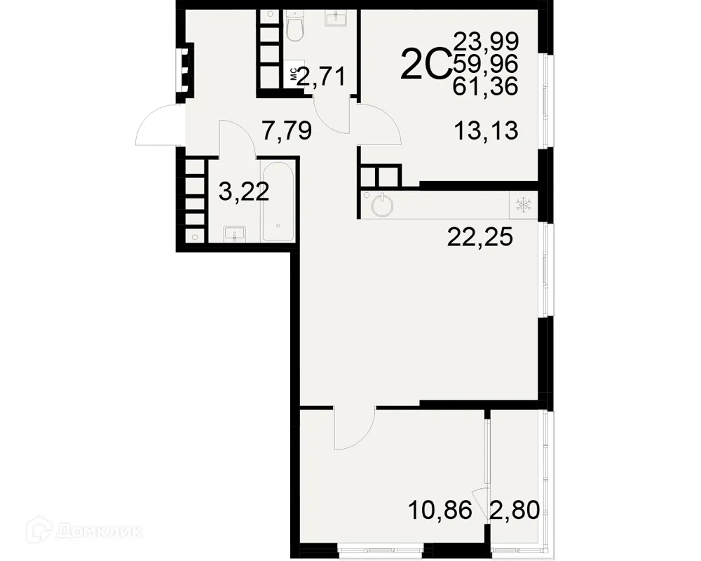 Планировка 2-комнатной квартиры 61.36 м² в ЖК Радости жизни, г. Рязань — фото 2