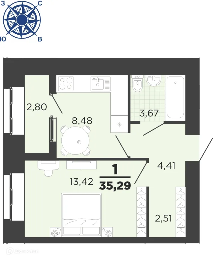 Планировка 1-комнатной квартиры 35.29 м² в ЖК "Юный", г. Рязань — фото 1