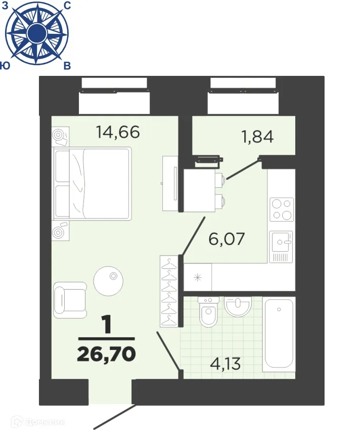 Планировка 1-комнатной квартиры 26.7 м² в ЖК "Юный", г. Рязань — фото 1