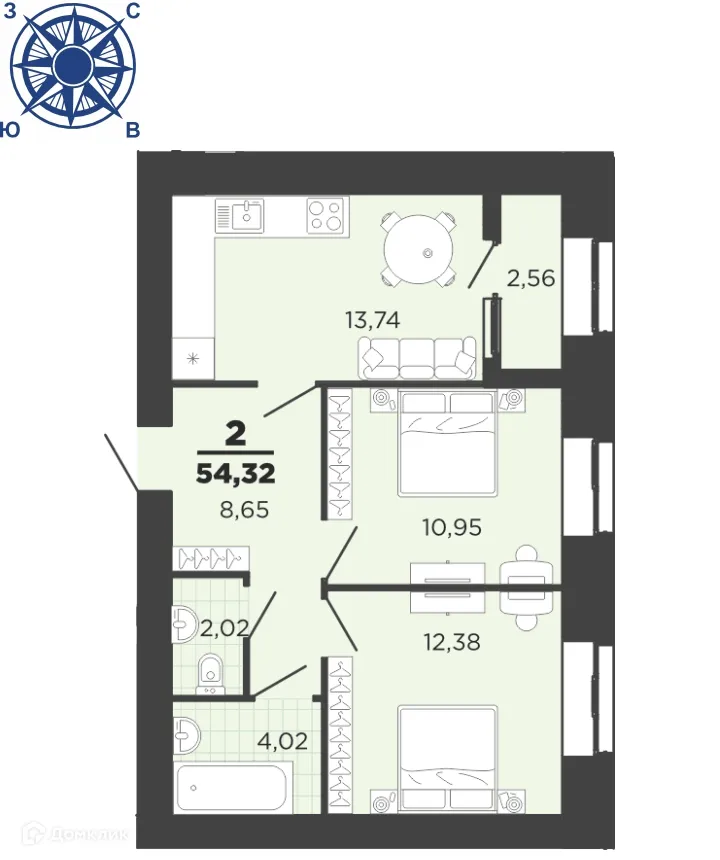 Планировка 2-комнатной квартиры 54.32 м² в ЖК "Юный", г. Рязань — фото 1