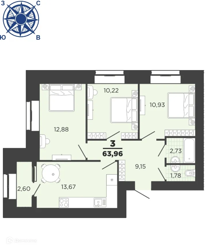 Планировка 3-комнатной квартиры 63.96 м² в ЖК "Юный", г. Рязань — фото 1
