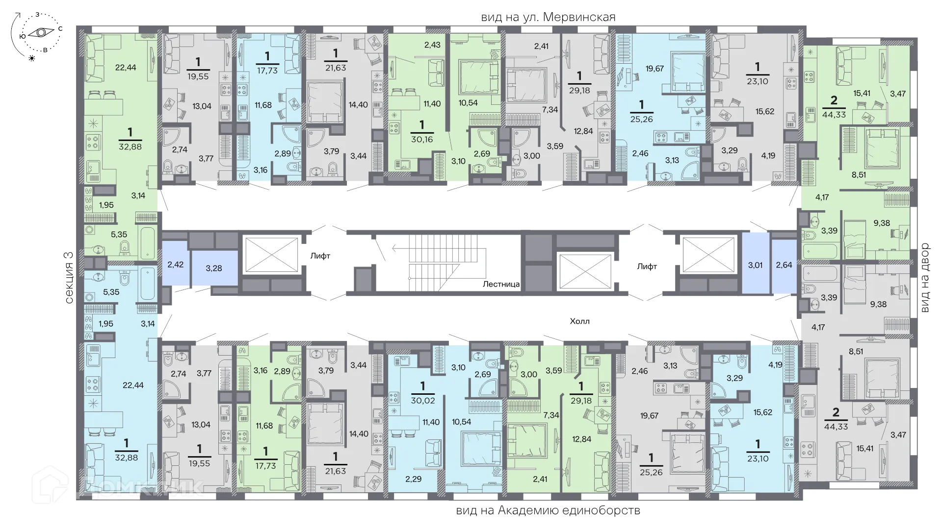 Планировка 1-комнатной квартиры 32.88 м² в ЖК Метропарк 4, г. Рязань — фото 2