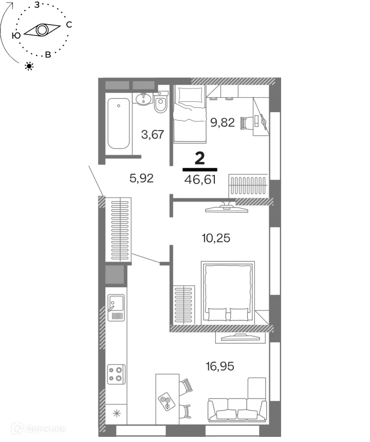 Планировка 2-комнатной квартиры 46.61 м² в ЖК Метропарк 4, г. Рязань — фото 19