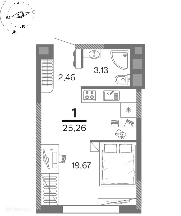 Планировка 1-комнатной квартиры 25.26 м² в ЖК Метропарк 4, г. Рязань — фото 1