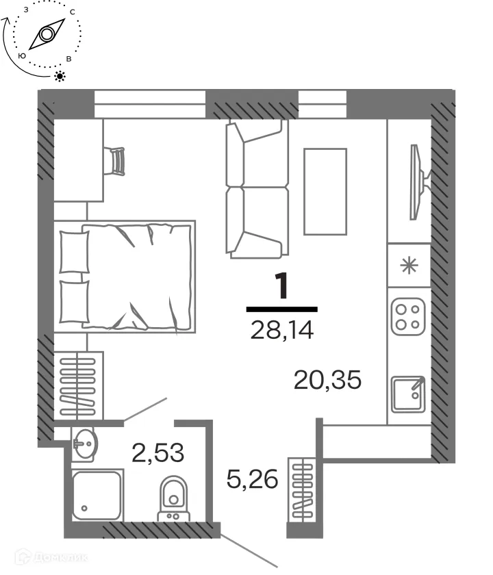 Планировка 1-комнатной квартиры 28.14 м² в ЖК город Рязань, Улица Зубковой, г. Рязань — фото 1