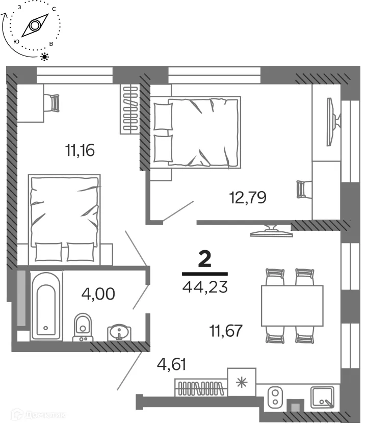 Планировка 2-комнатной квартиры 44.23 м² в ЖК город Рязань, Улица Зубковой, г. Рязань — фото 1
