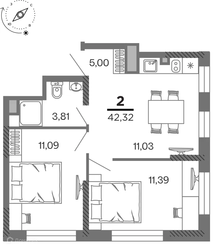 Планировка 2-комнатной квартиры 42.32 м² в ЖК город Рязань, Улица Зубковой, г. Рязань — фото 1