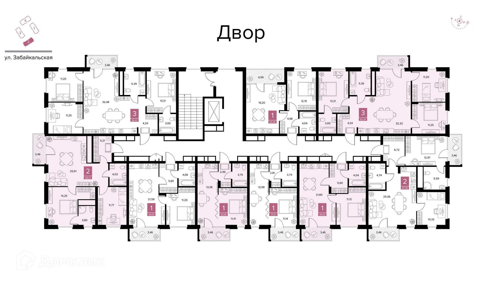 Планировка 2-комнатной квартиры 67.78 м² в ЖК Квартал Дягилев, г. Рязань — фото 6