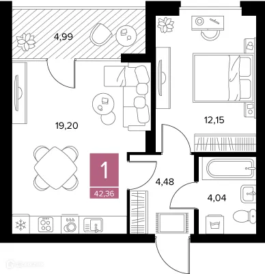 Планировка 1-комнатной квартиры 42.36 м² в ЖК Квартал Дягилев, г. Рязань — фото 9
