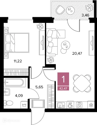 Планировка 1-комнатной квартиры 42.47 м² в ЖК Квартал Дягилев, г. Рязань — фото 5