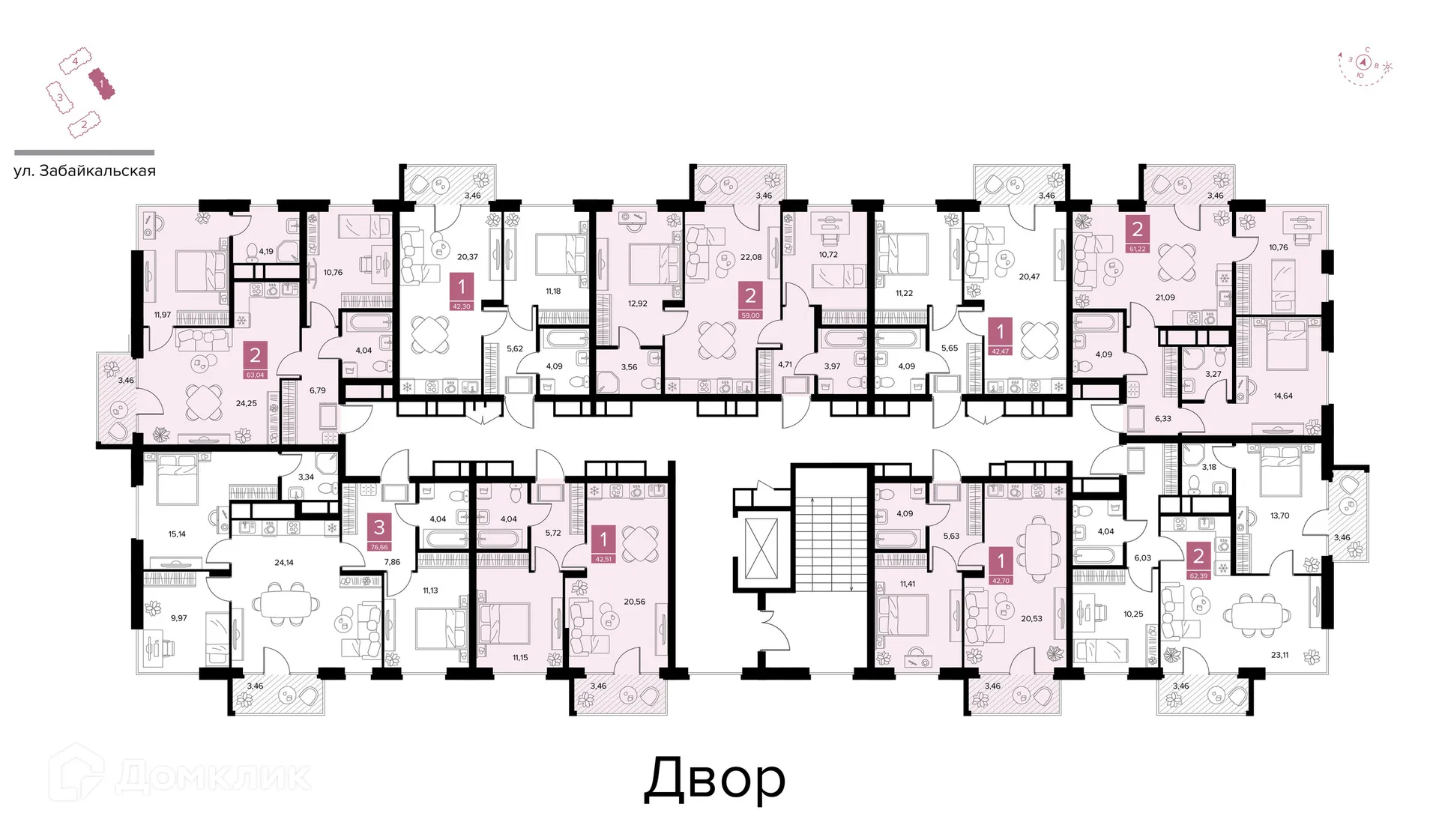 Планировка 1-комнатной квартиры 42.47 м² в ЖК Квартал Дягилев, г. Рязань — фото 6