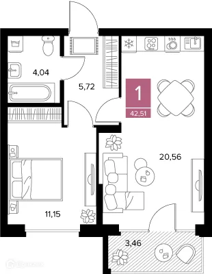 Планировка 1-комнатной квартиры 42.51 м² в ЖК Квартал Дягилев, г. Рязань — фото 6