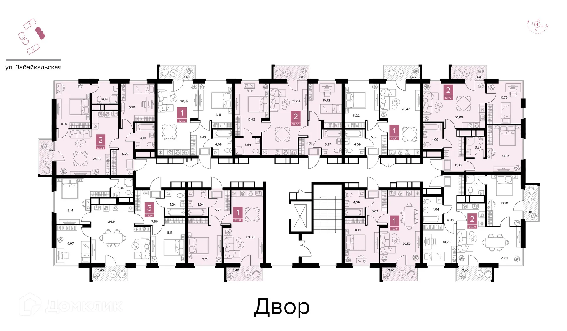 Планировка 1-комнатной квартиры 42.51 м² в ЖК Квартал Дягилев, г. Рязань — фото 7
