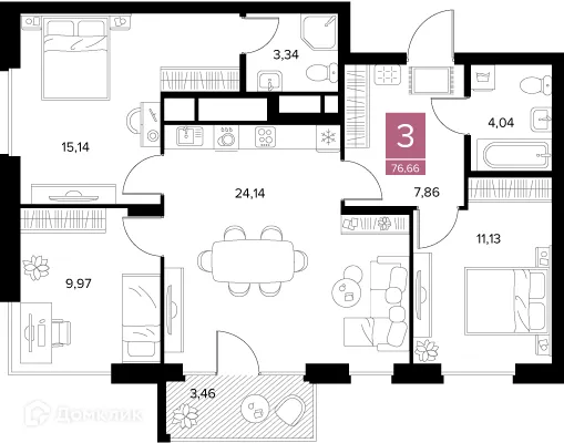 Планировка 3-комнатной квартиры 76.66 м² в ЖК Квартал Дягилев, г. Рязань — фото 5