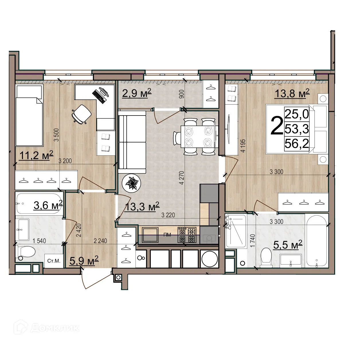 Планировка 2-комнатной квартиры 55.5 м² в ЖК Еврокласс-5, г. Рязань — фото 2