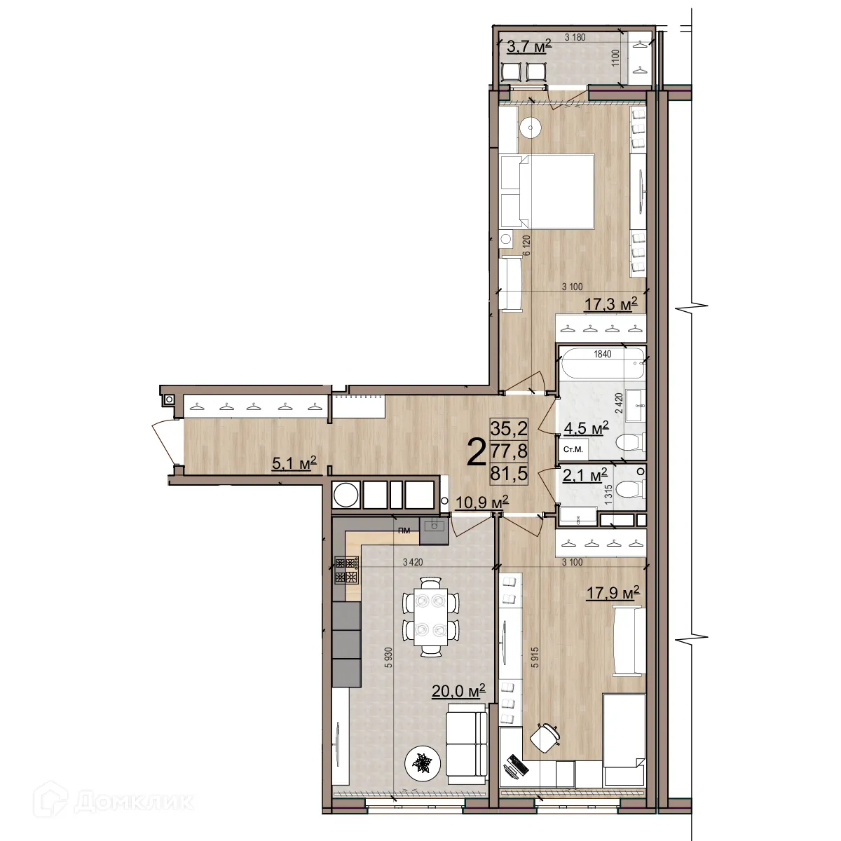 Планировка 2-комнатной квартиры 80.3 м² в ЖК Еврокласс-5, г. Рязань — фото 3