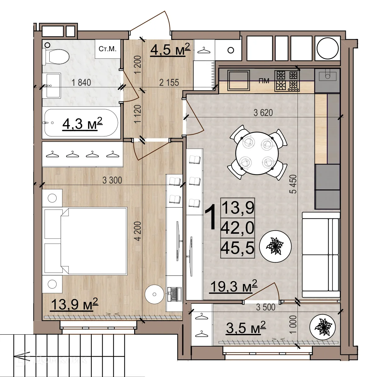 Планировка 1-комнатной квартиры 45.6 м² в ЖК Еврокласс-5, г. Рязань — фото 1